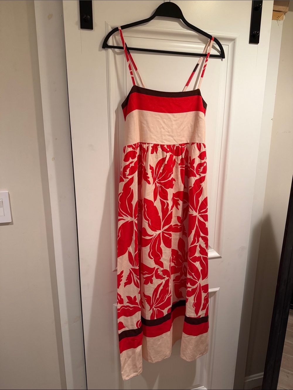 Red & Cream Floral Midi Sundress - Lightweight Spaghetti Strap